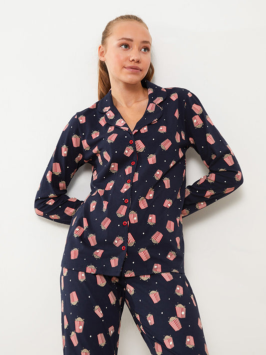 Shirt Collar Patterned Long Sleeve Women's Pajama Set