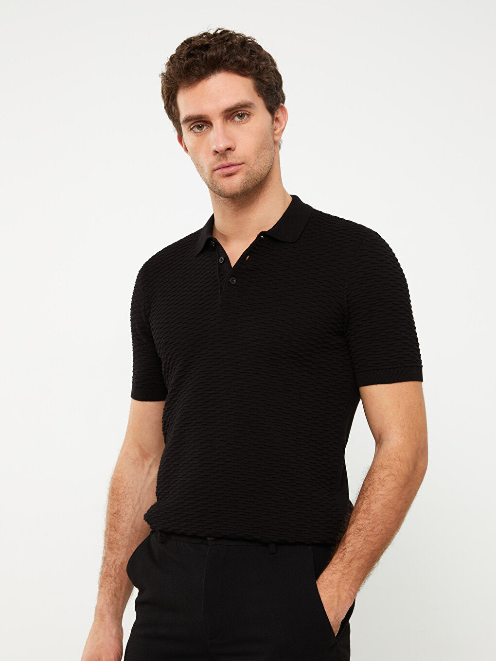 Polo Neck Short Sleeve Men's Knitwear Sweater