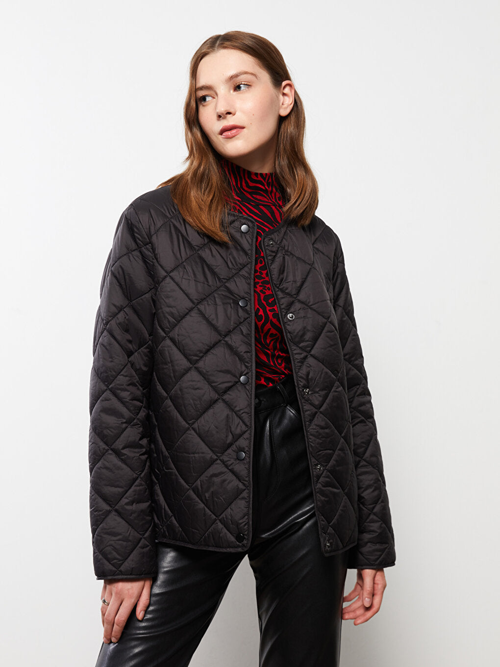 Crew Neck Quilted Patterned Long Sleeve Women's Puffer Coat