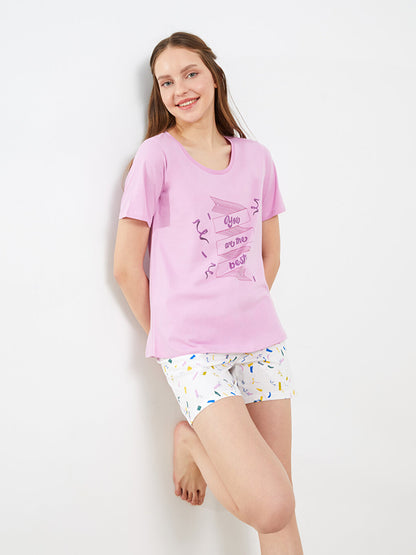 Crew Neck Printed Short Sleeve Women's Pajama Set with Shorts