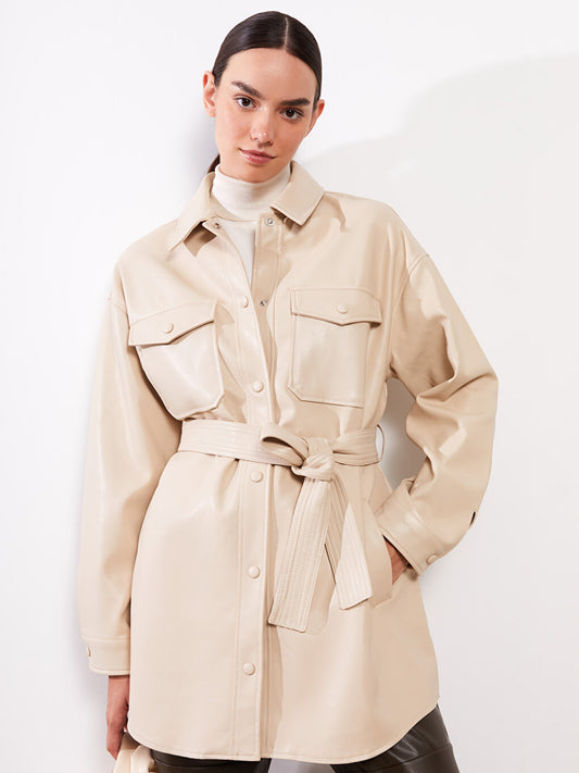 Women's Shirt Collar Plain Leather Look Coat