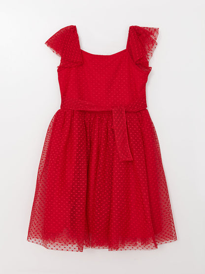 Square Neck, Patterned Short Sleeve Girl's Tulle Dress