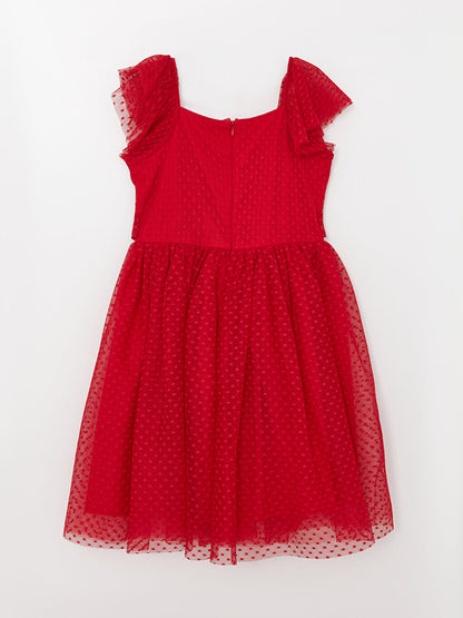 Square Neck, Patterned Short Sleeve Girl's Tulle Dress