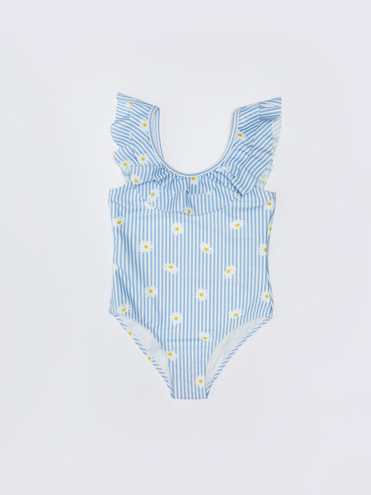 Ruffle Detailed Printed Girl's Swimsuit