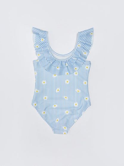 Ruffle Detailed Printed Girl's Swimsuit