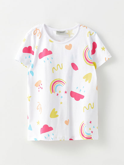 Crew Neck Patterned Short Sleeve Cotton Girls' T-Shirt