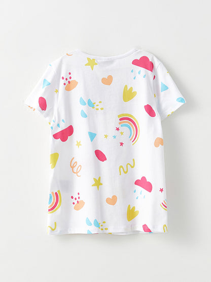 Crew Neck Patterned Short Sleeve Cotton Girls' T-Shirt