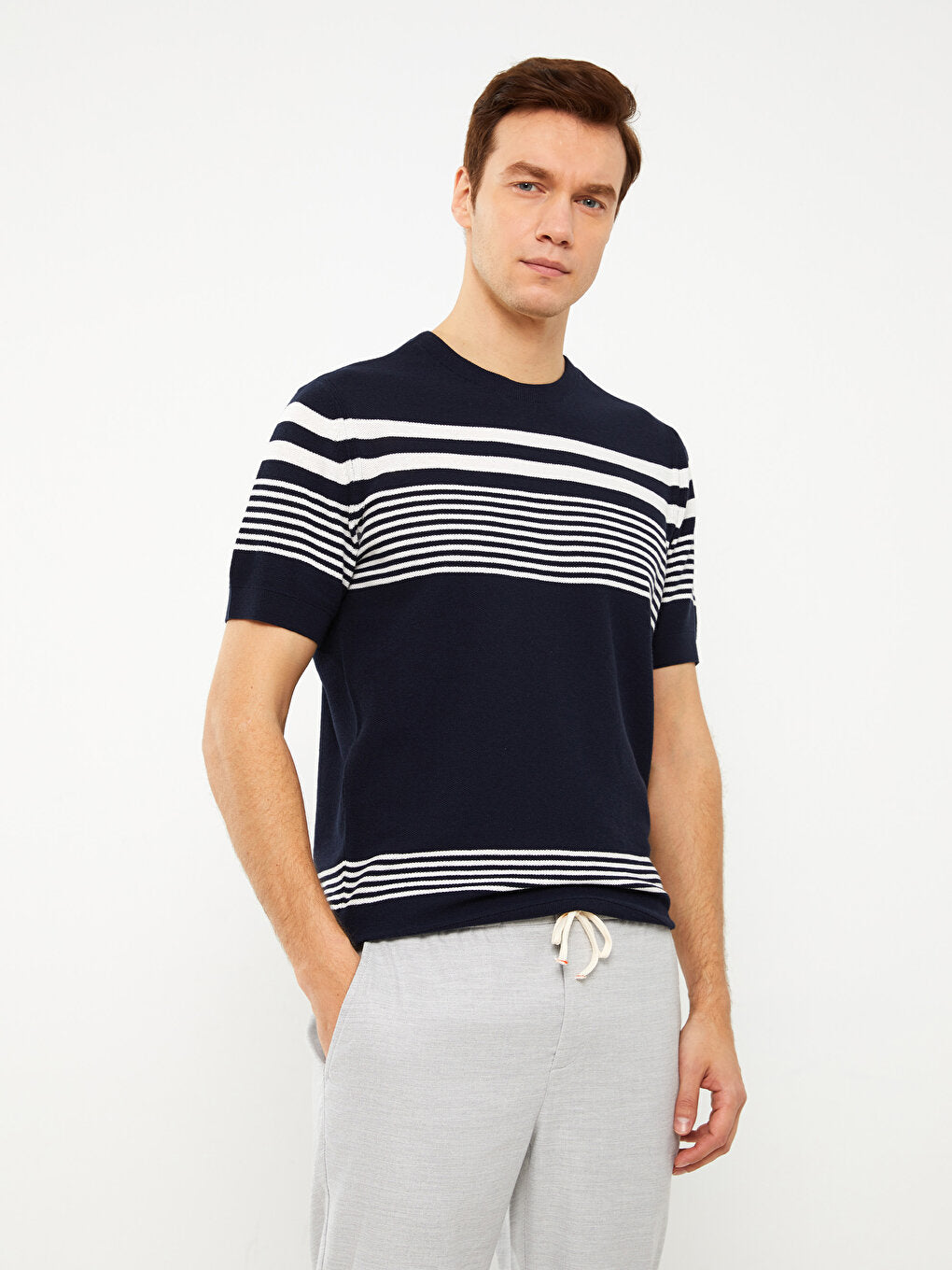 Crew Neck Short Sleeve Striped Men's Knitwear Sweater