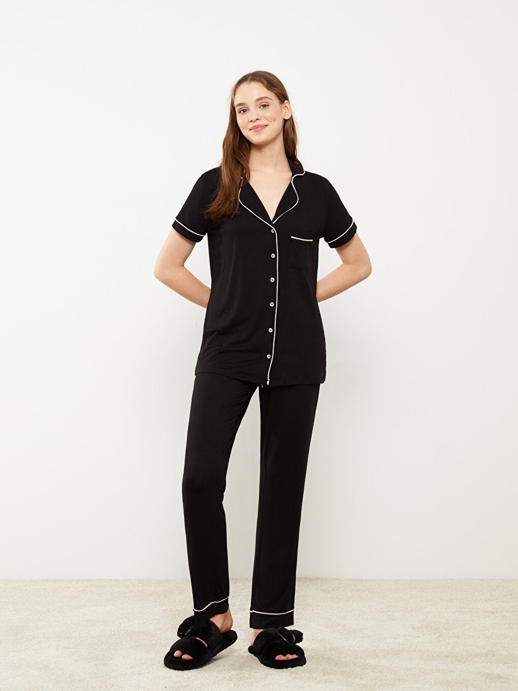 Shirt Collar Plain Women's Pajama Set