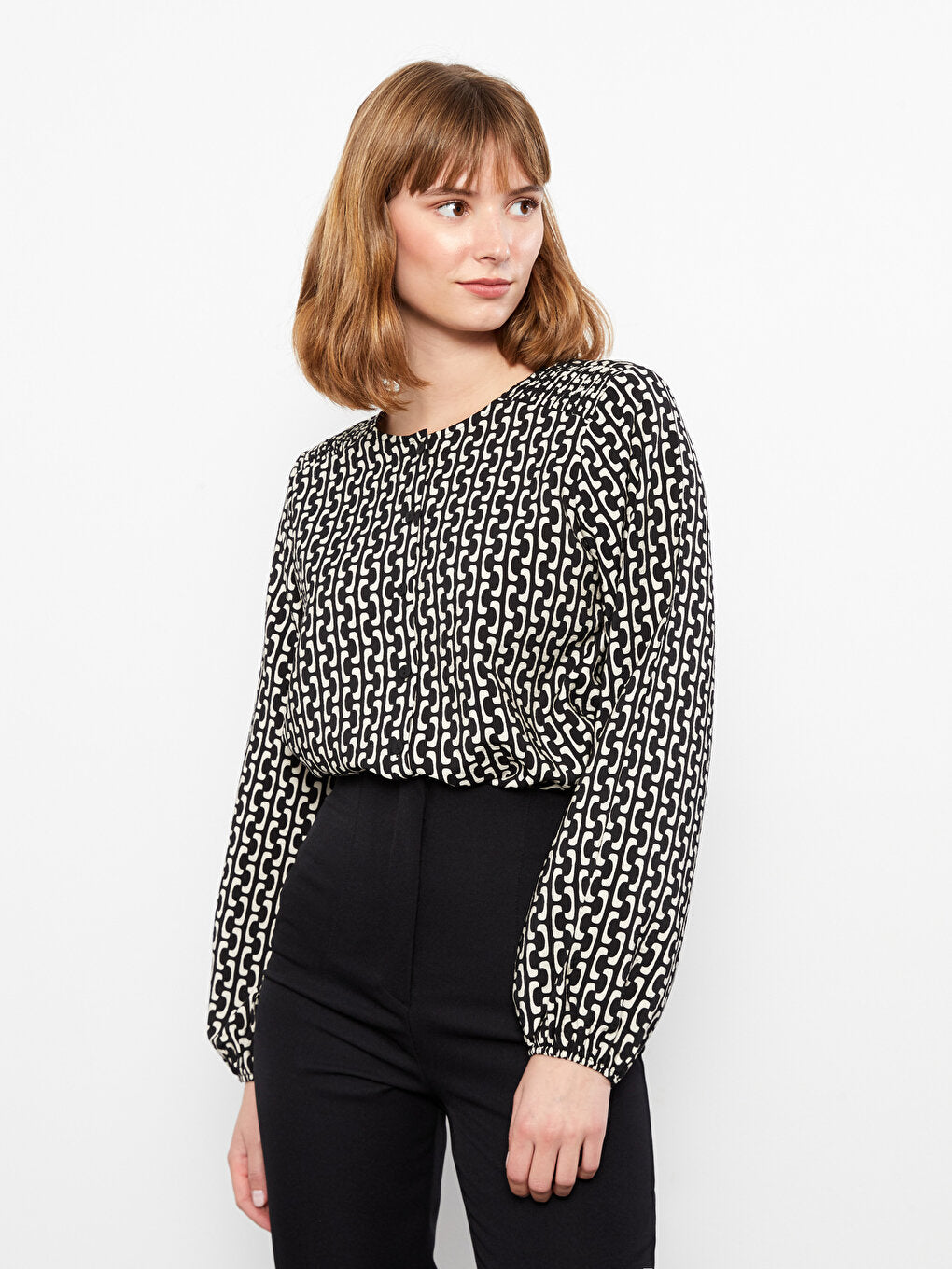 Crew Neck Patterned Long Sleeve Women's Blouse