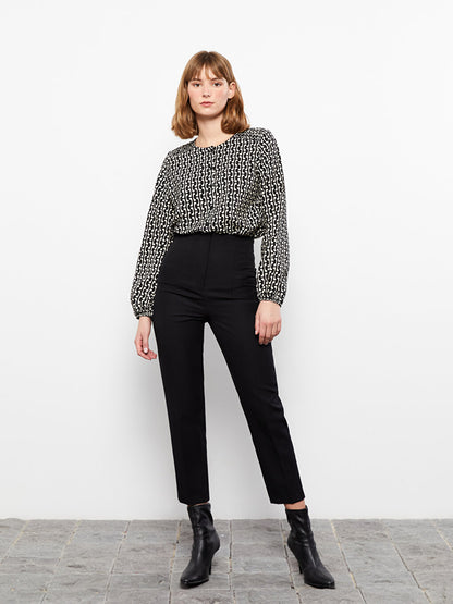 Crew Neck Patterned Long Sleeve Women's Blouse