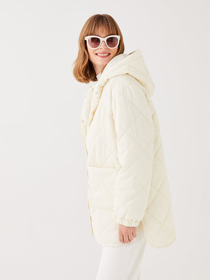 Hooded Quilted Patterned Long Sleeve Women's Puffer Coat