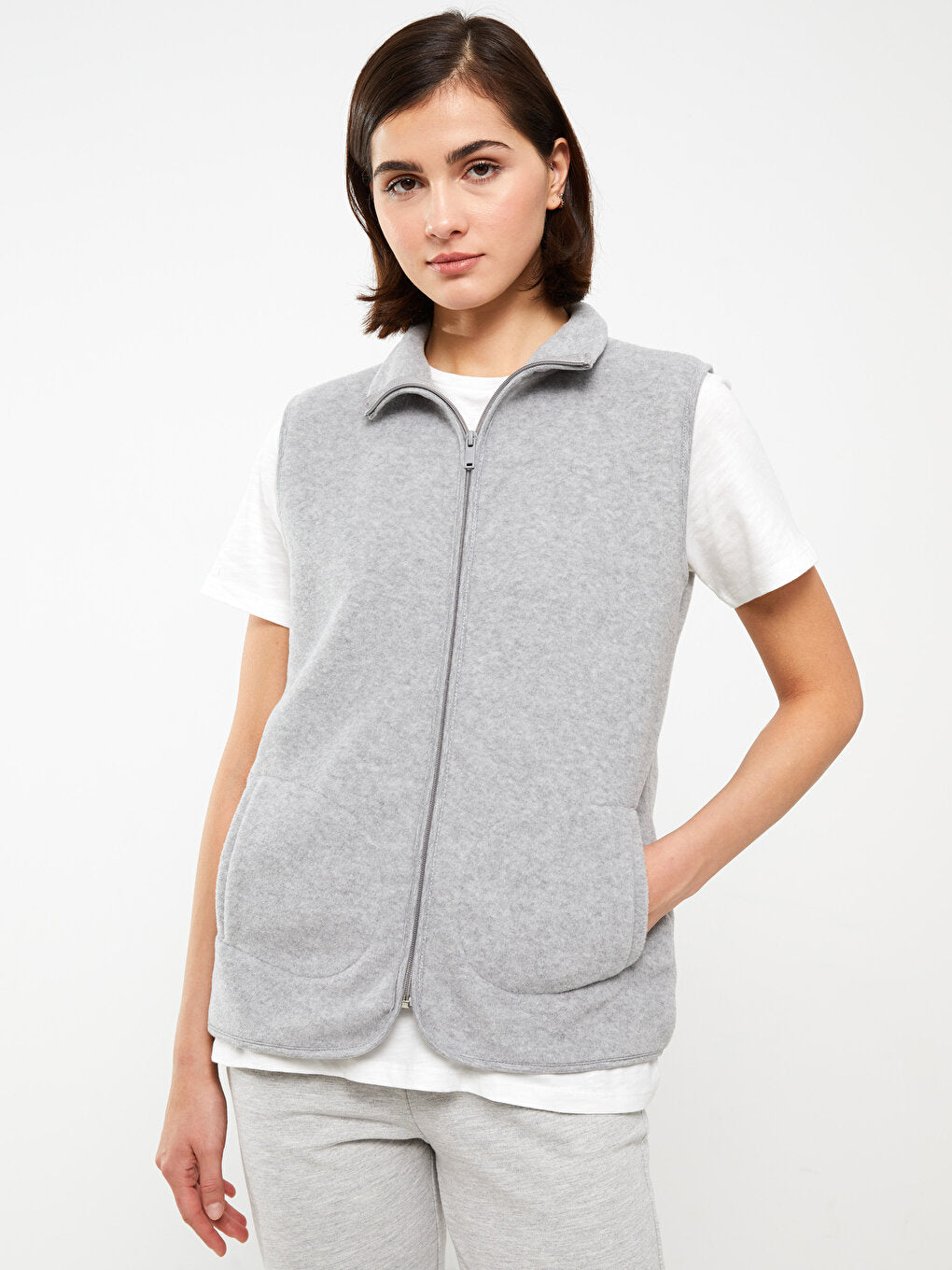 High Collar Plain Fleece Women's Vest