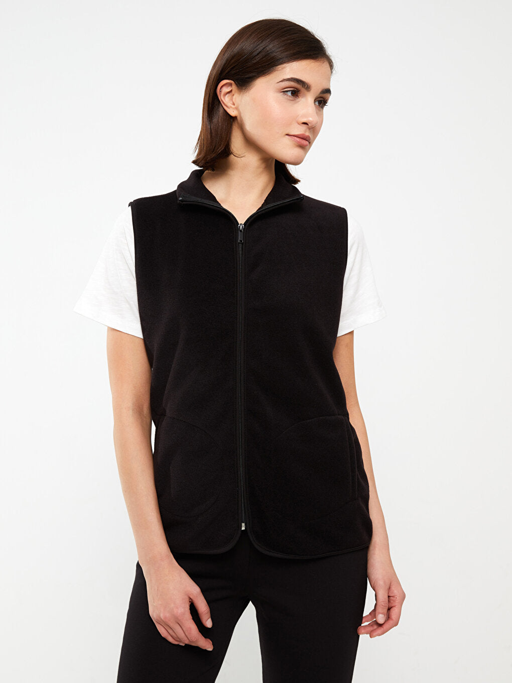 High Collar Plain Fleece Women's Vest