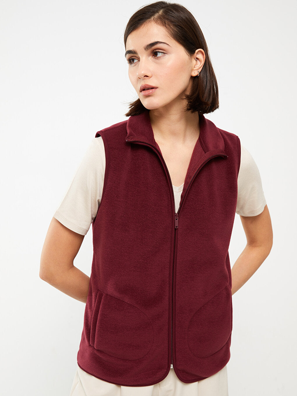 High Collar Plain Fleece Women's Vest