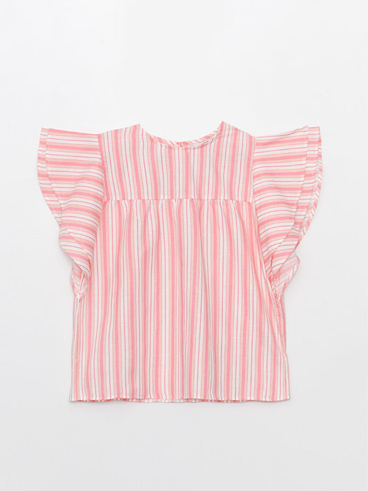 Crew Neck Striped Short Sleeve Girl's Blouse