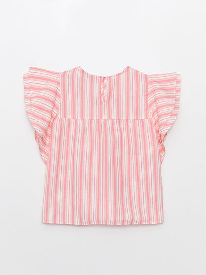 Crew Neck Striped Short Sleeve Girl's Blouse