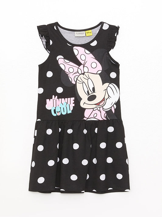 Crew Neck Minnie Mouse Printed Short Sleeve Girl's Dress