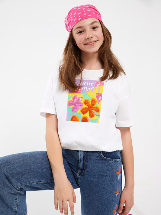 Crew Neck Printed Short Sleeve Girls' T-Shirt