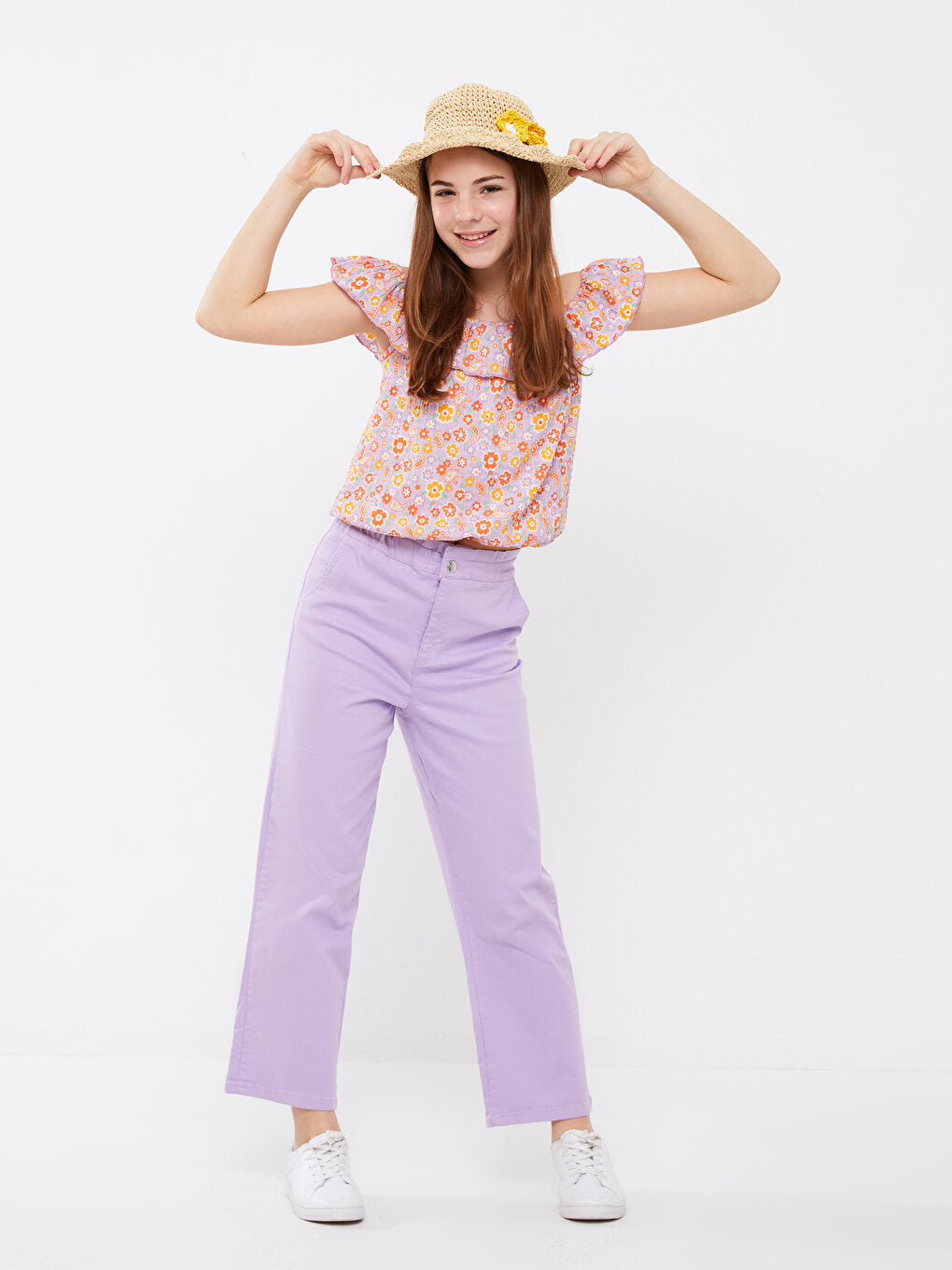 Basic Wide Leg Girls' Trousers with Elastic Waist