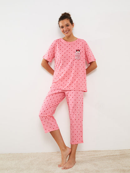 Crew Neck Minnie Mouse Printed Short Sleeve Women's Pajama Set