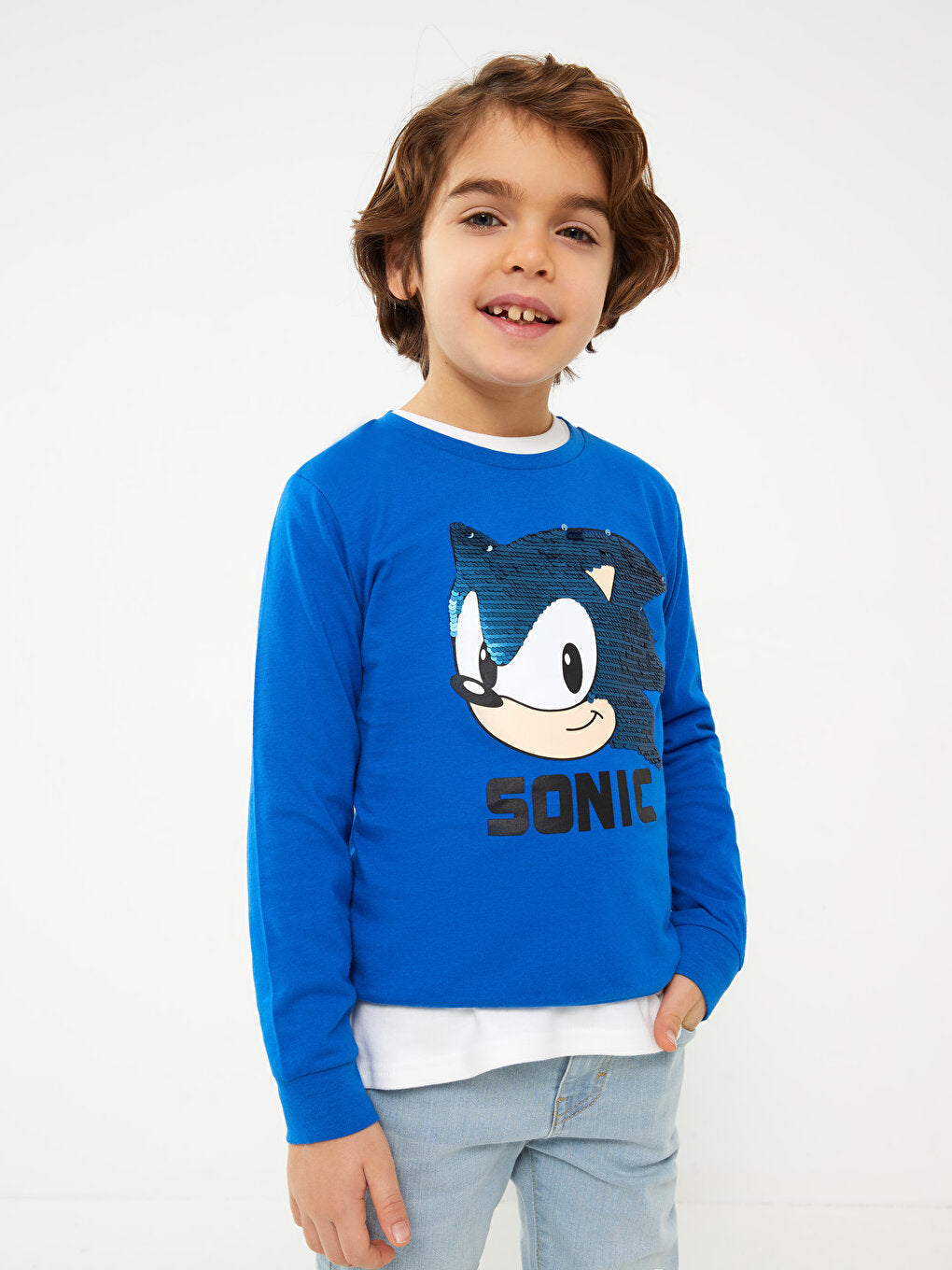 Crew Neck Sonic Printed Reversible Sequined Long Sleeve Boys' T-Shirt