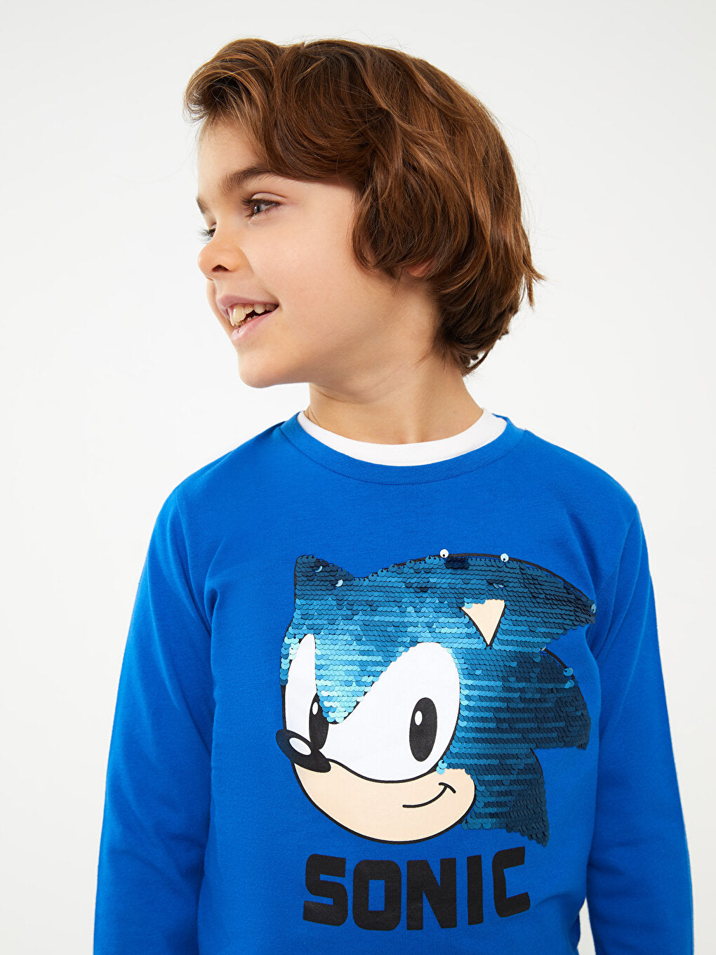 Crew Neck Sonic Printed Reversible Sequined Long Sleeve Boys' T-Shirt