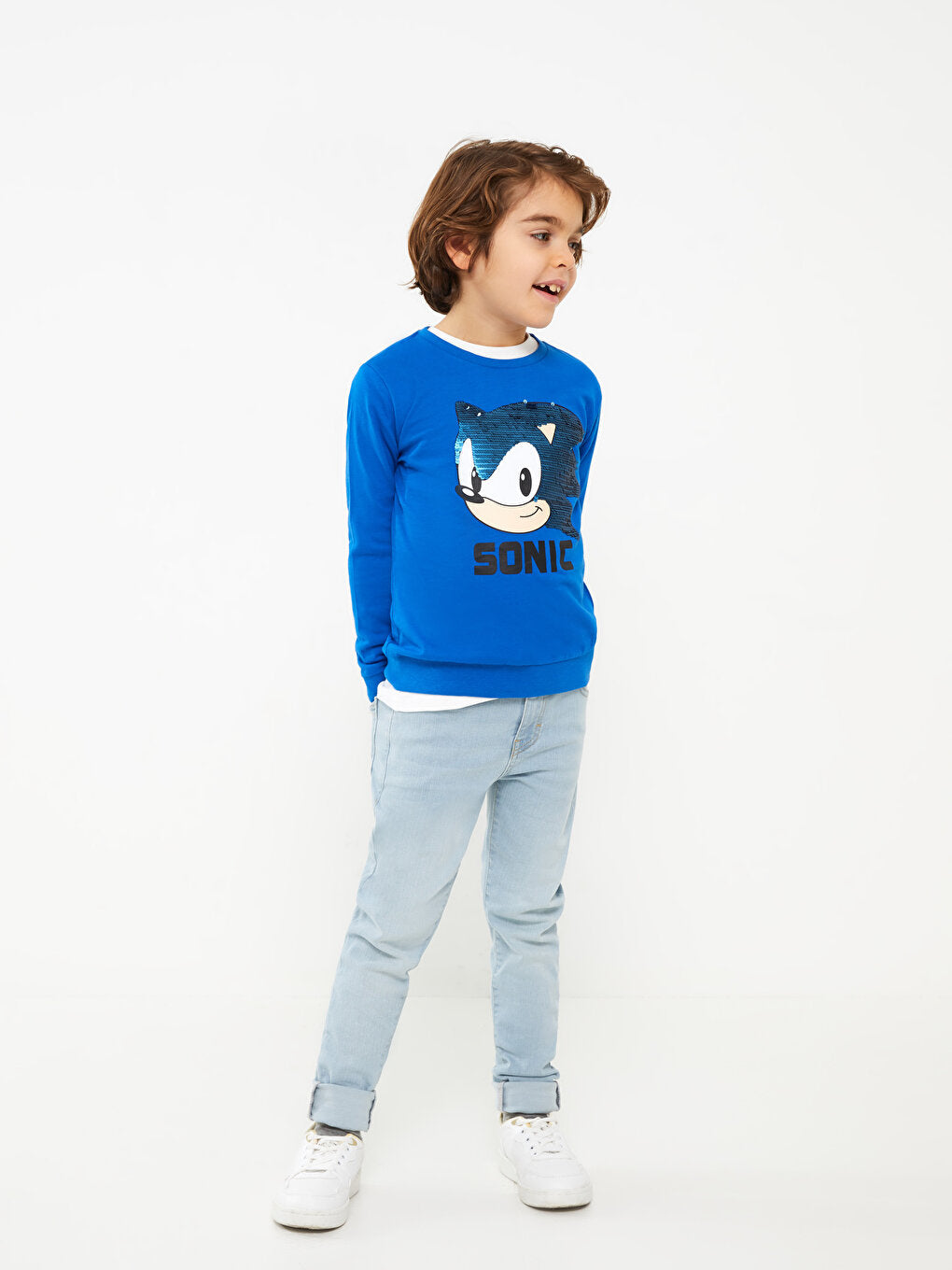 Crew Neck Sonic Printed Reversible Sequined Long Sleeve Boys' T-Shirt