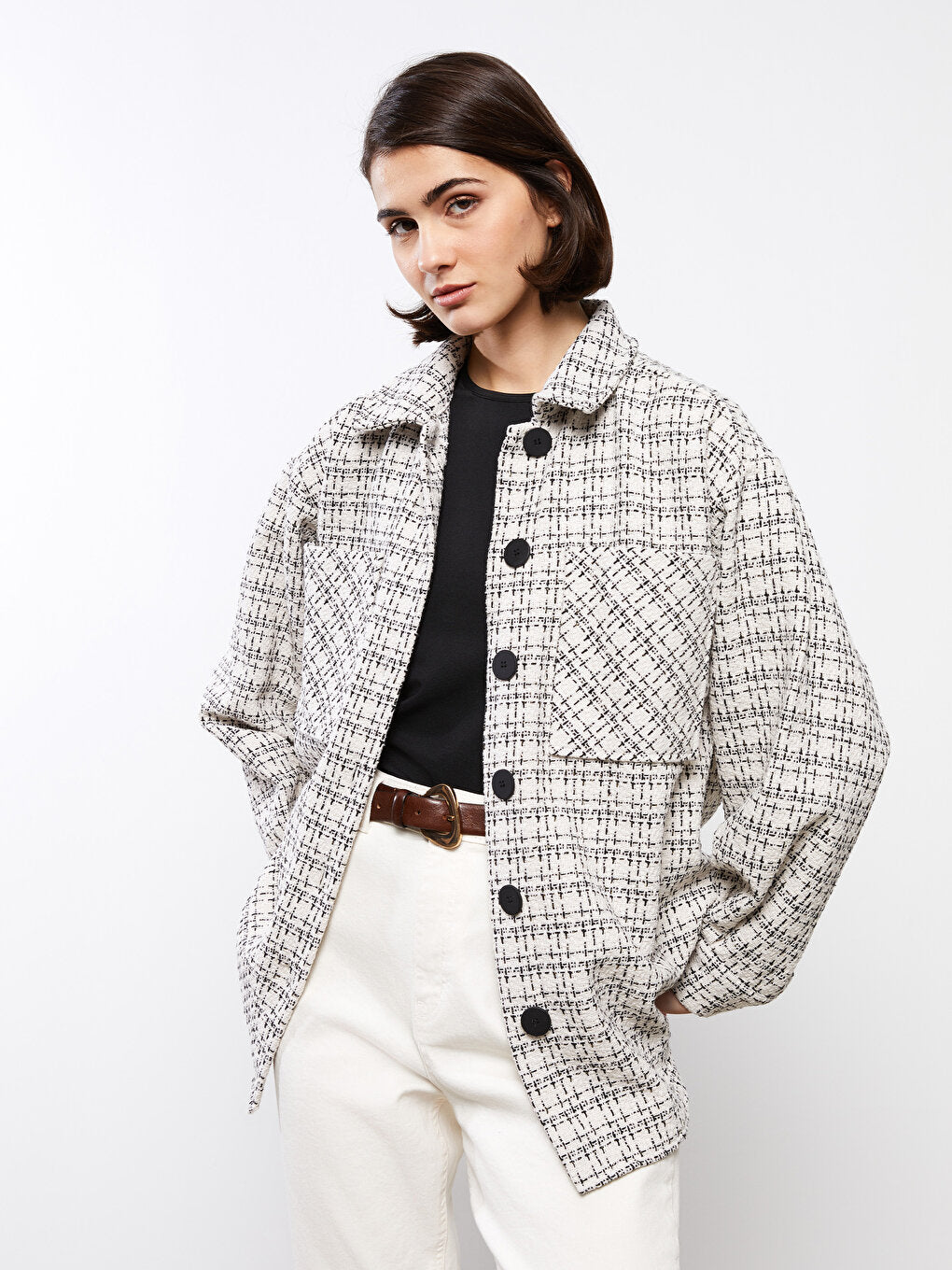 Patterned Long Sleeve Oversize Women's Tweed Shirt Jacket