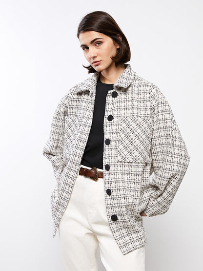 Patterned Long Sleeve Oversize Women's Tweed Shirt Jacket