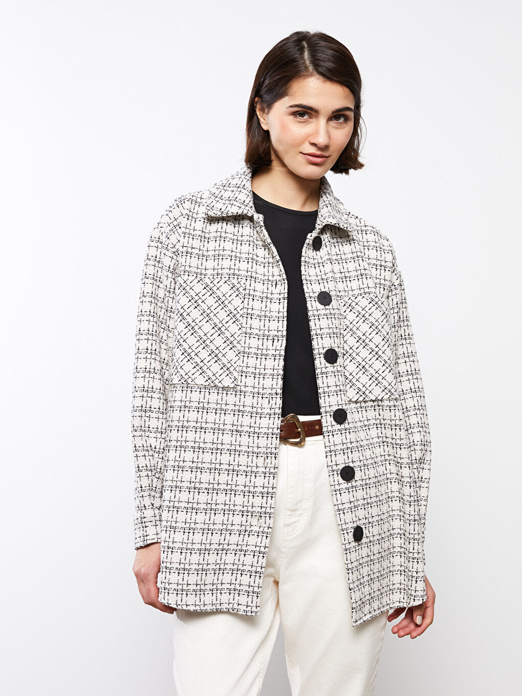 Patterned Long Sleeve Oversize Women's Tweed Shirt Jacket