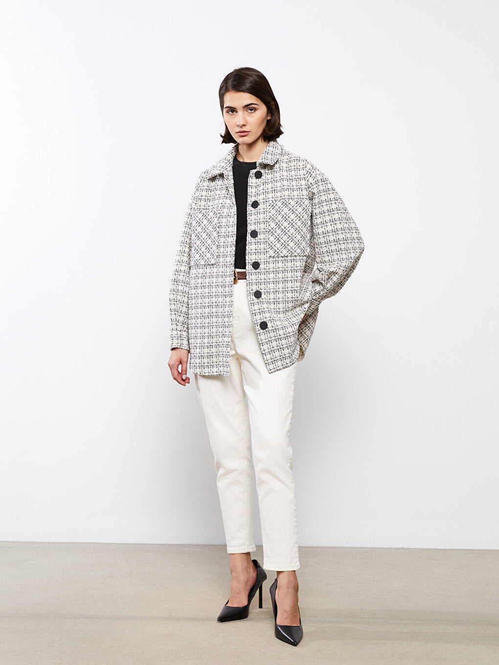 Patterned Long Sleeve Oversize Women's Tweed Shirt Jacket