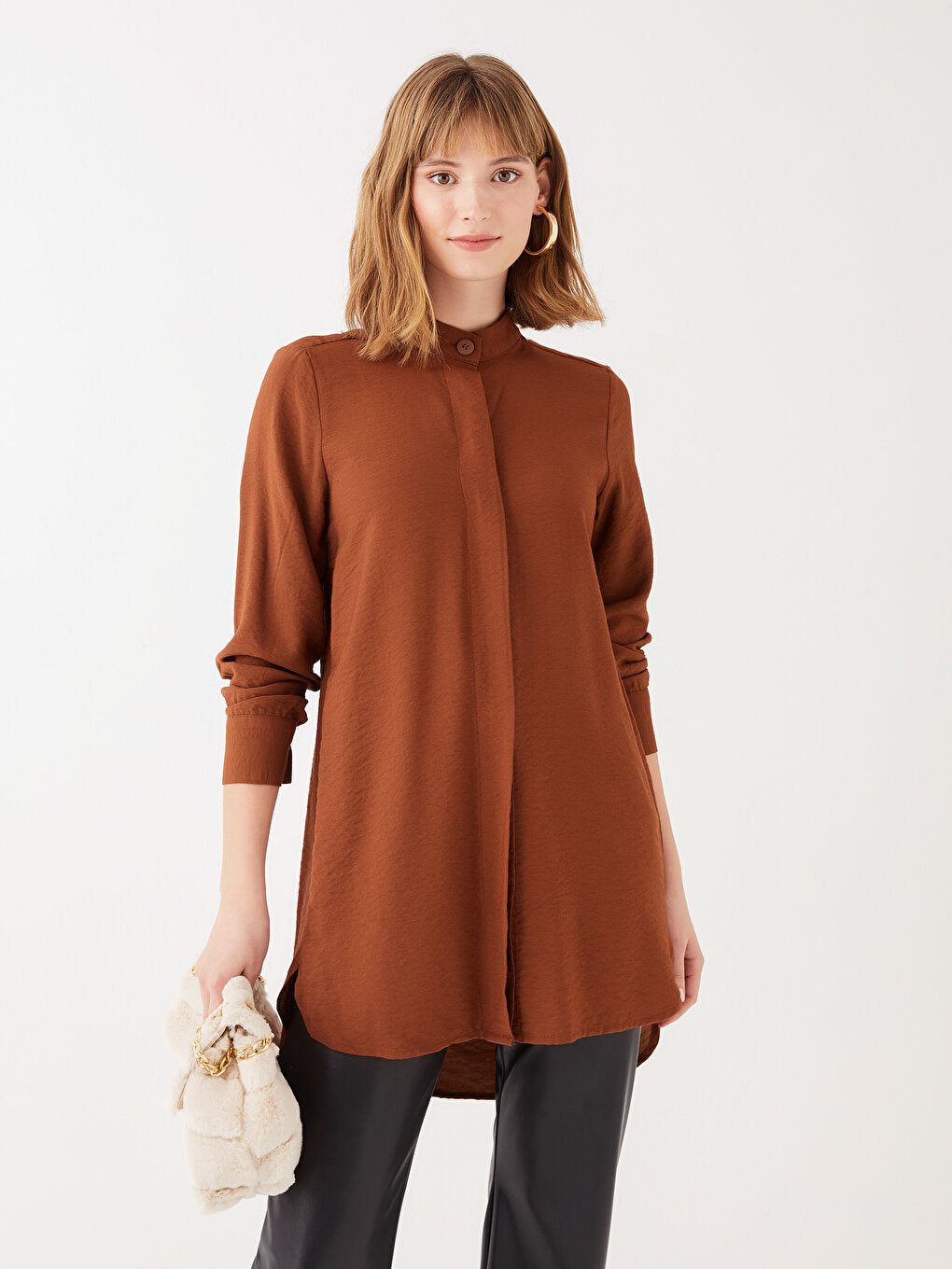 High Collar Plain Long Sleeve Women's Tunic