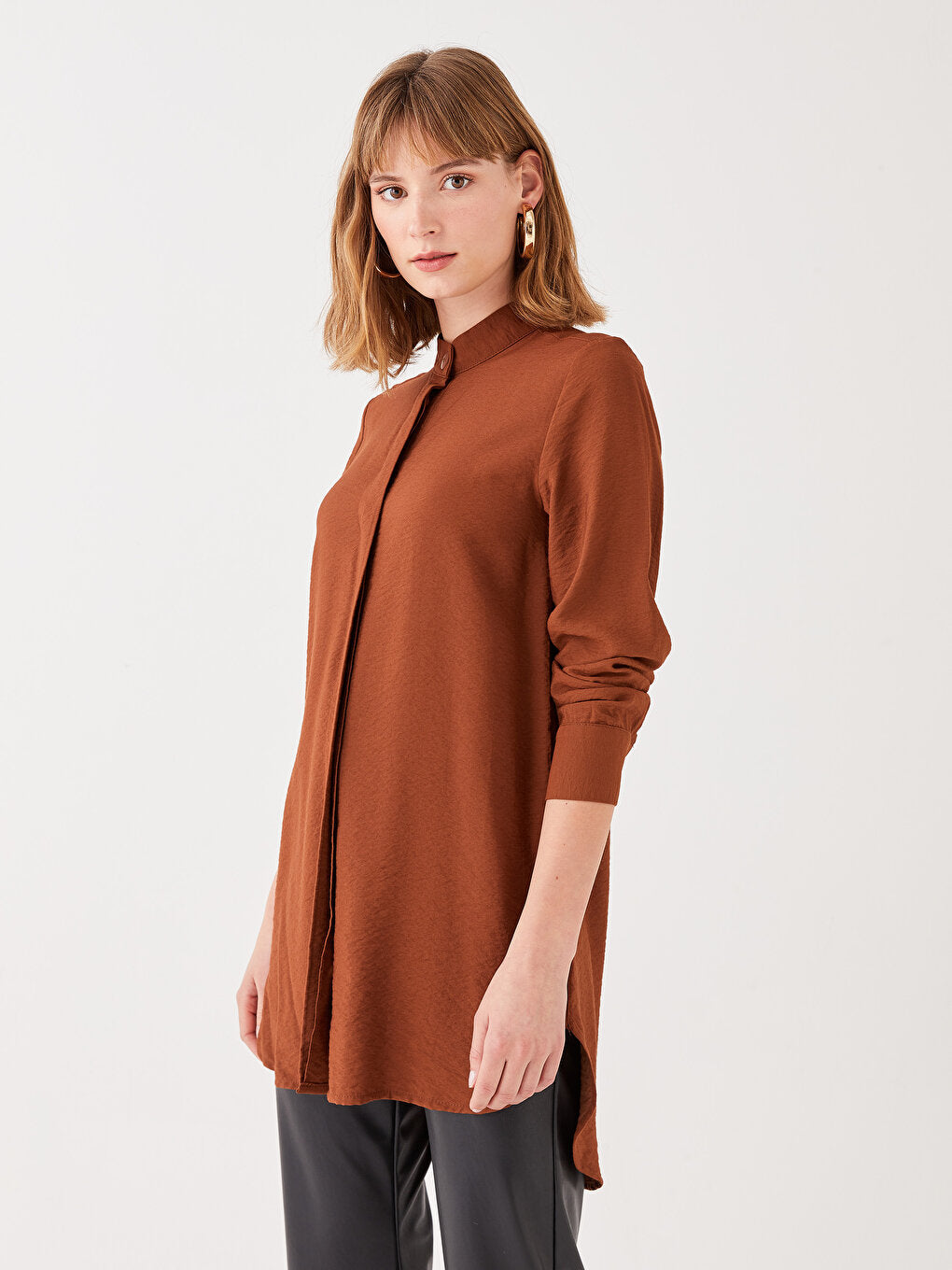 High Collar Plain Long Sleeve Women's Tunic