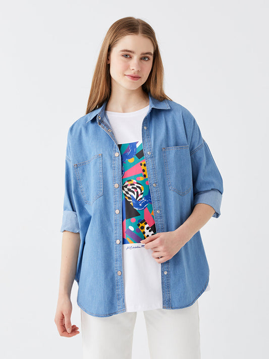 Plain Long Sleeve Oversize Women's Jean Shirt