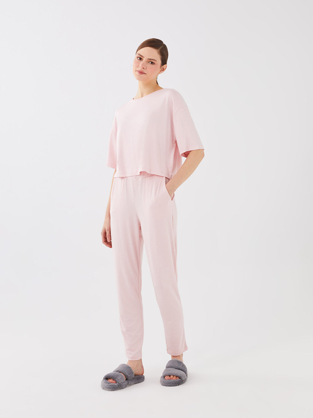 Crew Neck Plain Short Sleeve Women's Pajama Set