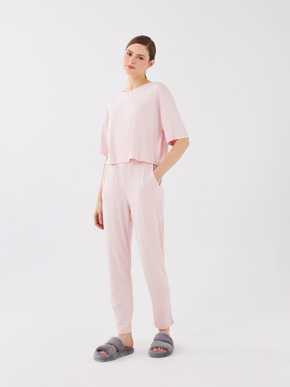 Crew Neck Plain Short Sleeve Women's Pajama Set