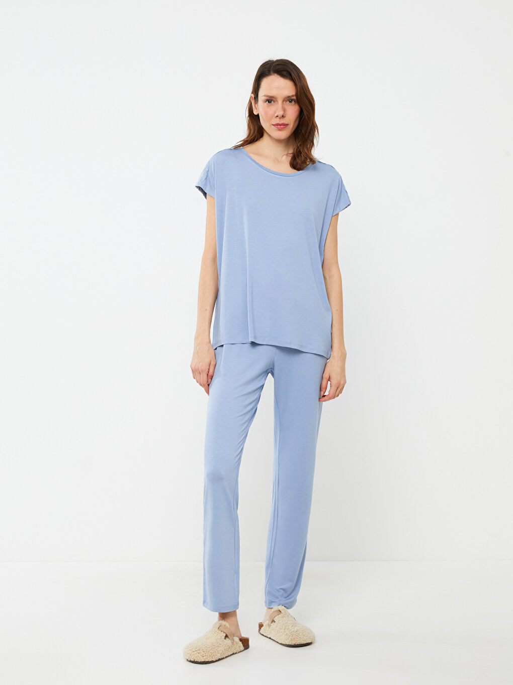 Crew Neck Plain Short Sleeve Women's Pajama Set