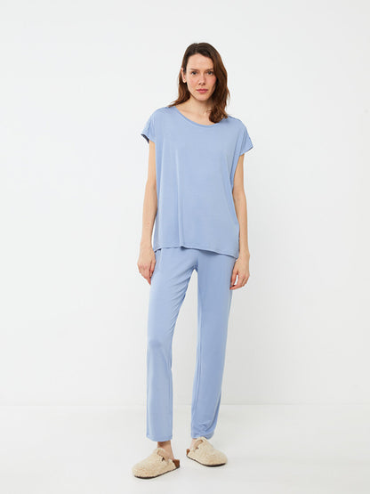 Crew Neck Plain Short Sleeve Women's Pajama Set