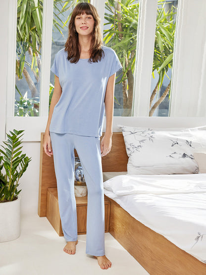 Crew Neck Plain Short Sleeve Women's Pajama Set