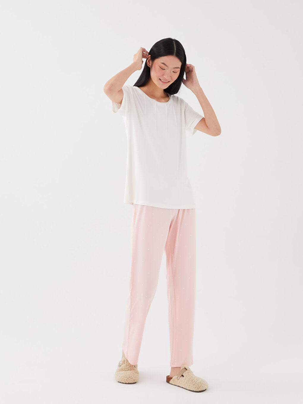 Crew Neck Plain Short Sleeve Women's Pajama Set