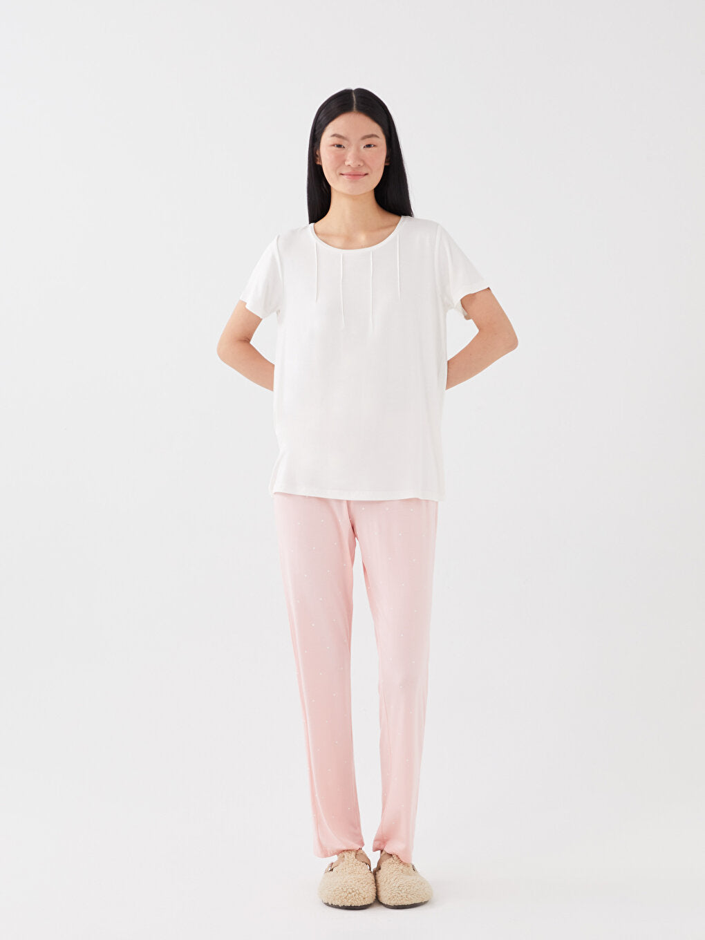 Crew Neck Plain Short Sleeve Women's Pajama Set