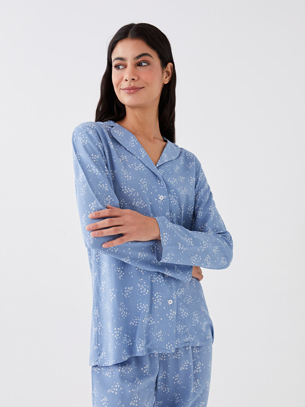 Shirt Collar Patterned Long Sleeve Women's Pajama Set