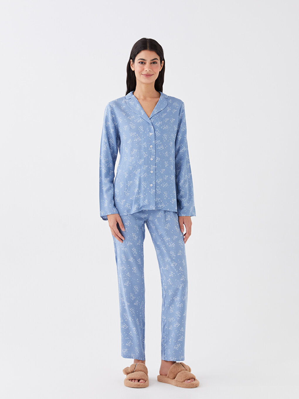 Shirt Collar Patterned Long Sleeve Women's Pajama Set