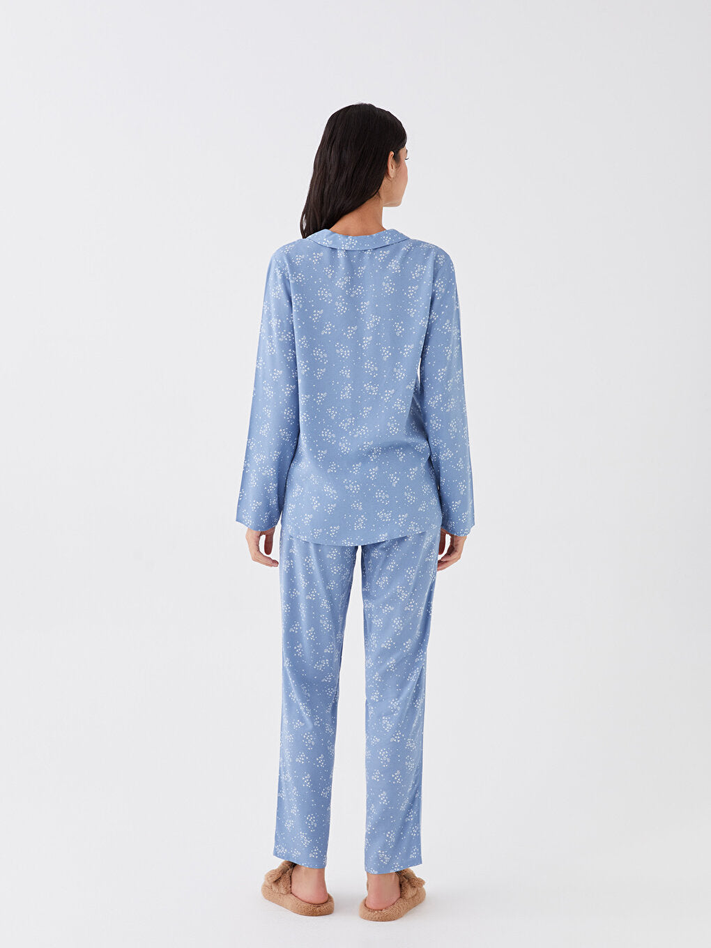 Shirt Collar Patterned Long Sleeve Women's Pajama Set