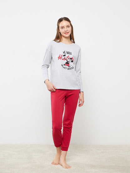 Crew Neck Mickey Mouse Printed Long Sleeve Women's Pajama Set