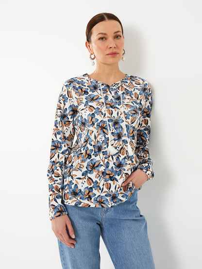 Tie Collar Patterned Long Sleeve Women's Blouse