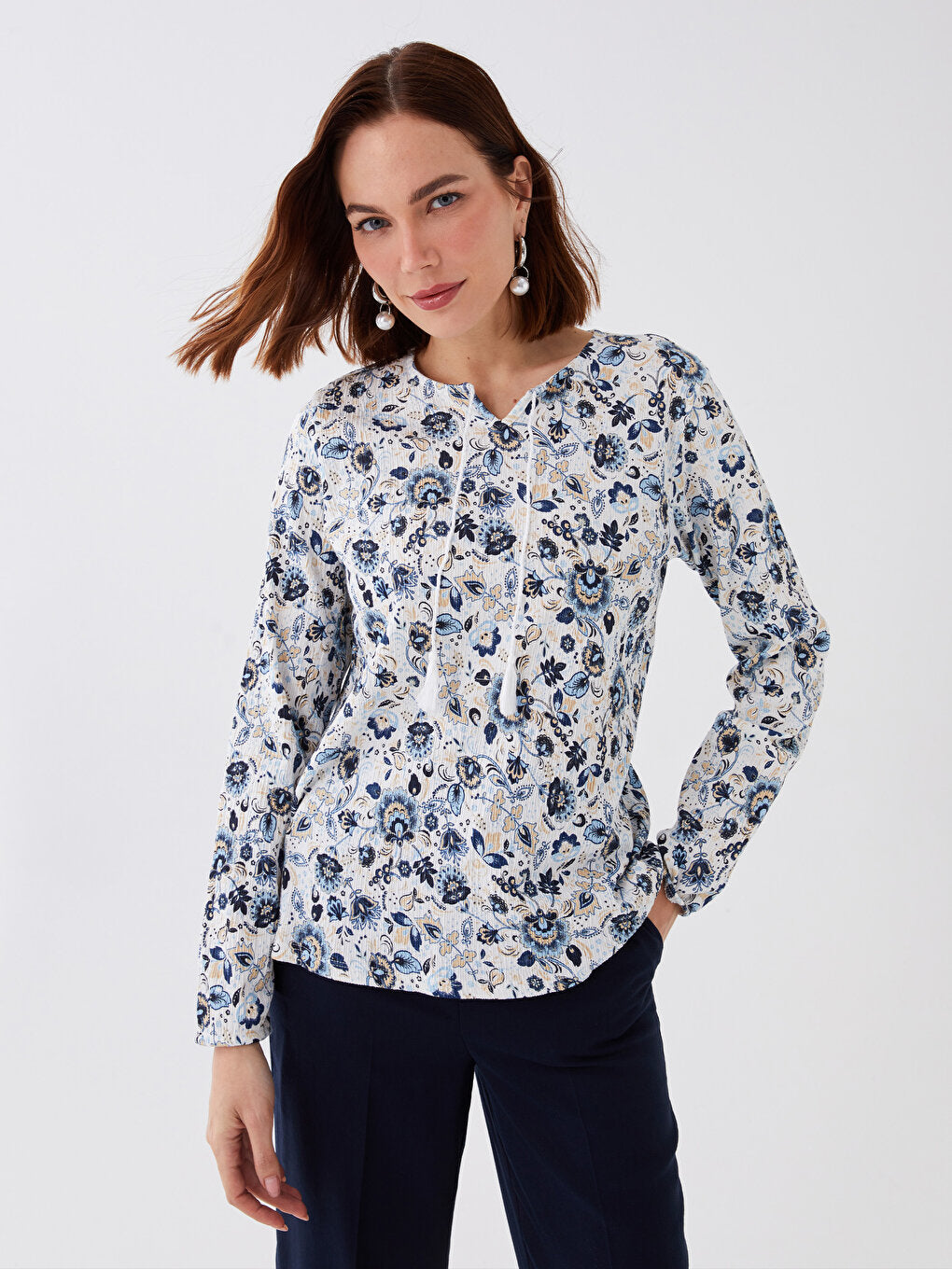 Tie Collar Patterned Long Sleeve Women's Blouse