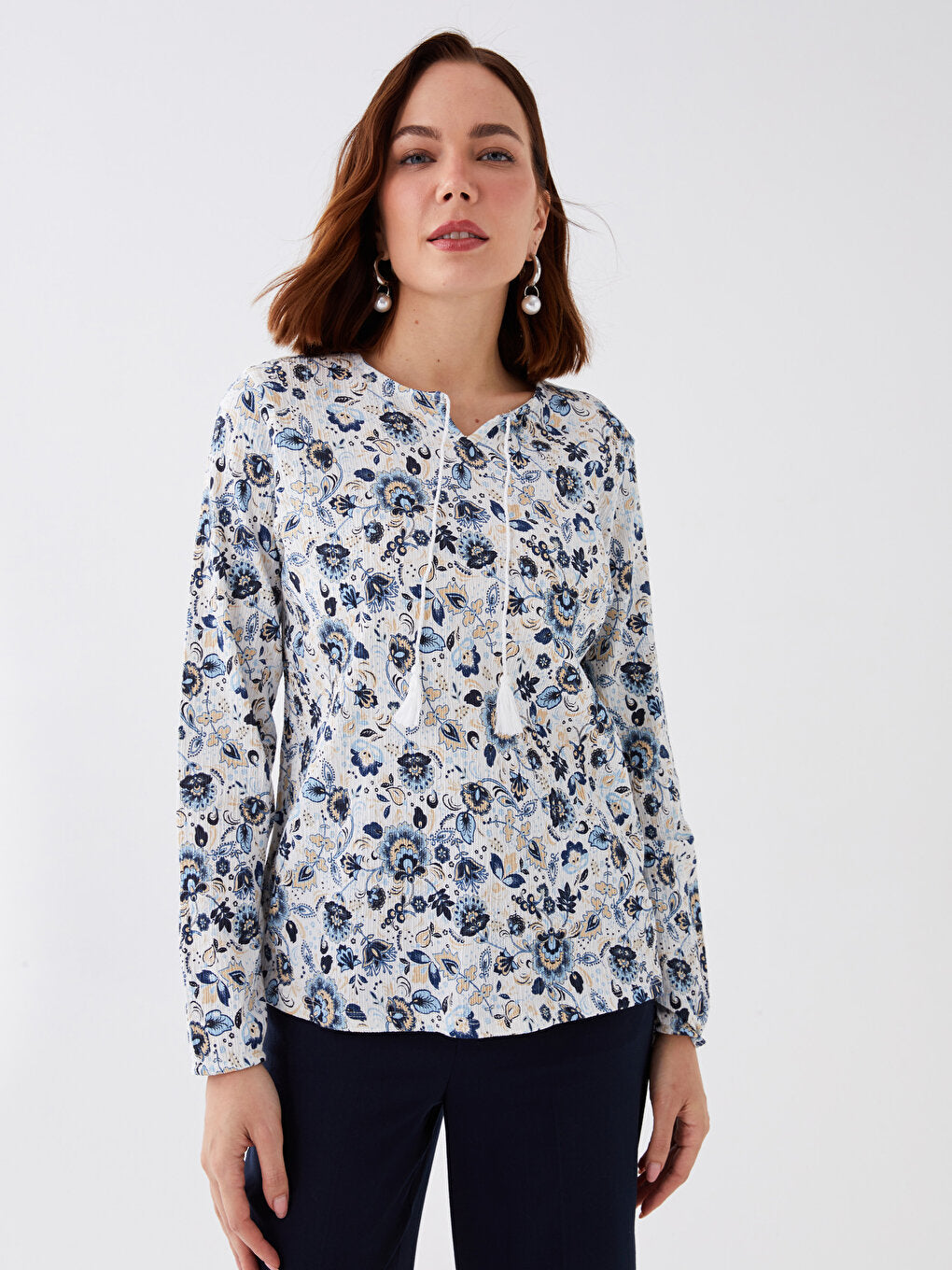 Tie Collar Patterned Long Sleeve Women's Blouse