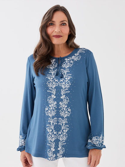 Tie Collar Embroidered Long Sleeve Women's Blouse